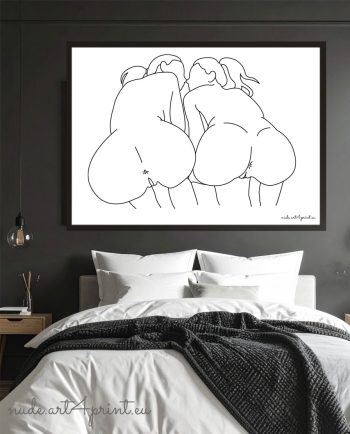 Lesbian kiss art print nude girls butts line drawings