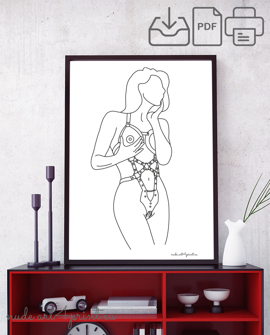 Nude BDSM lady print drawing for sexy interiors - Nude line art prints for  sexy bedroom interior decoration or lover gifts - erotic posters and canvas